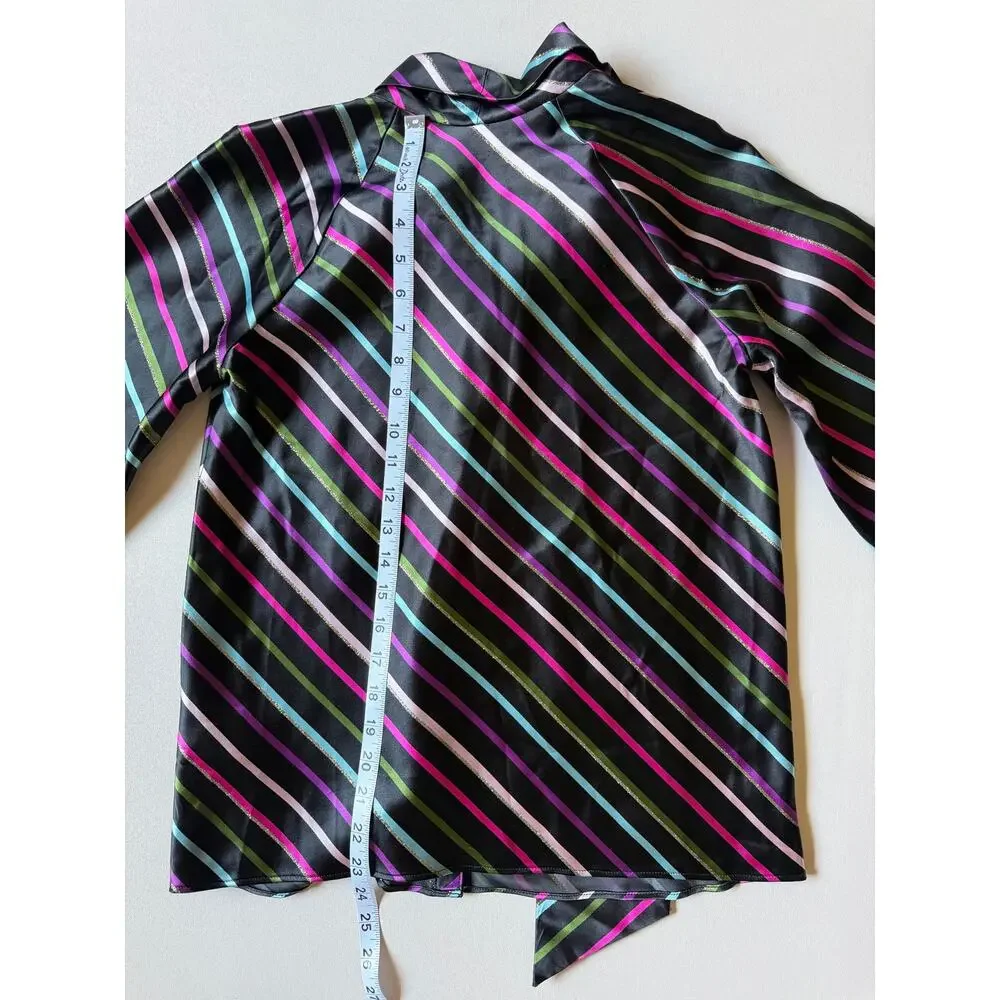 Kate Spade Women's Black Multi Party Stripe Tie-Neck Blouse Size XS
